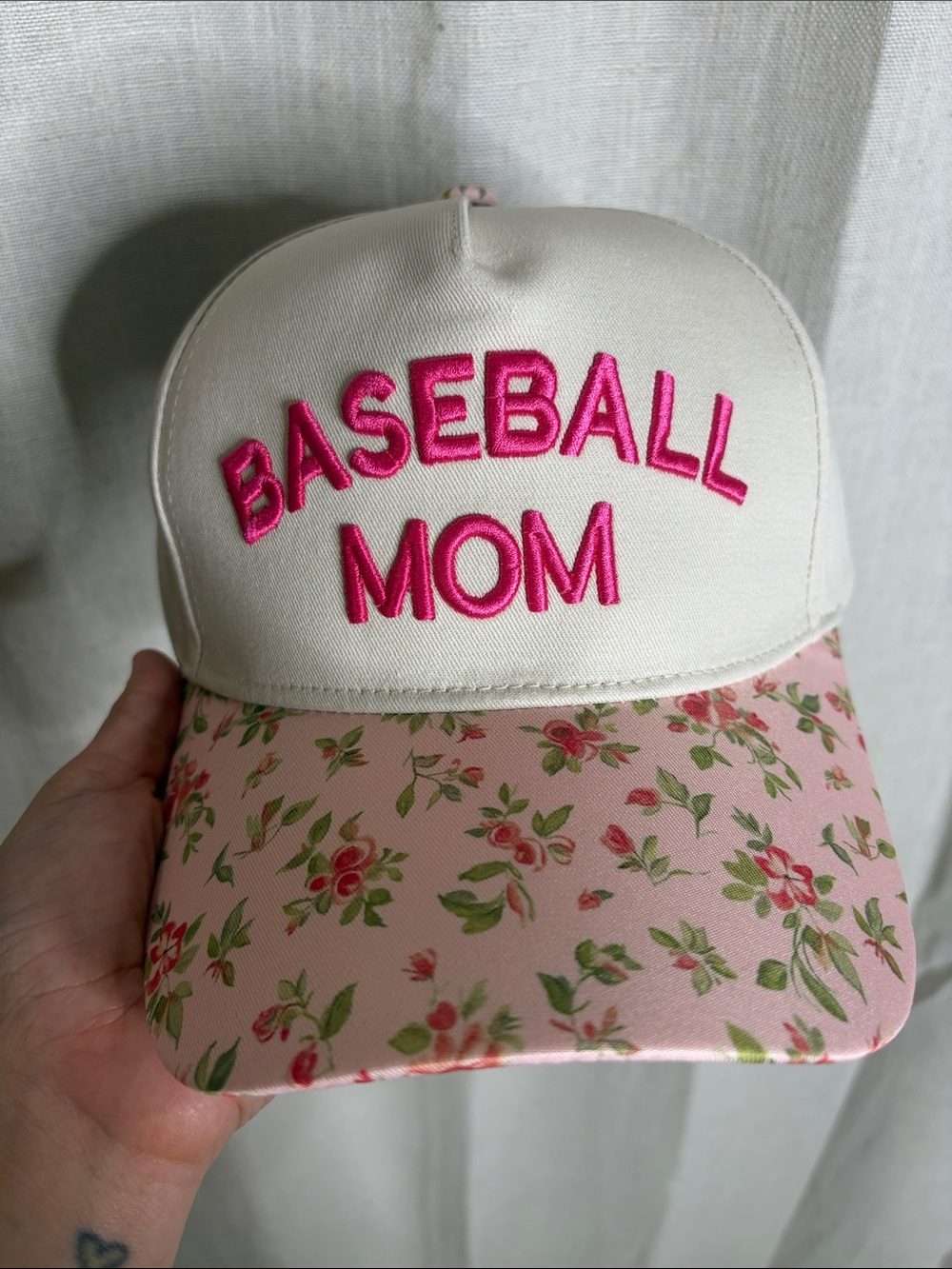 C.C Cream and Pink Floral "Baseball Mom" Kids Hat